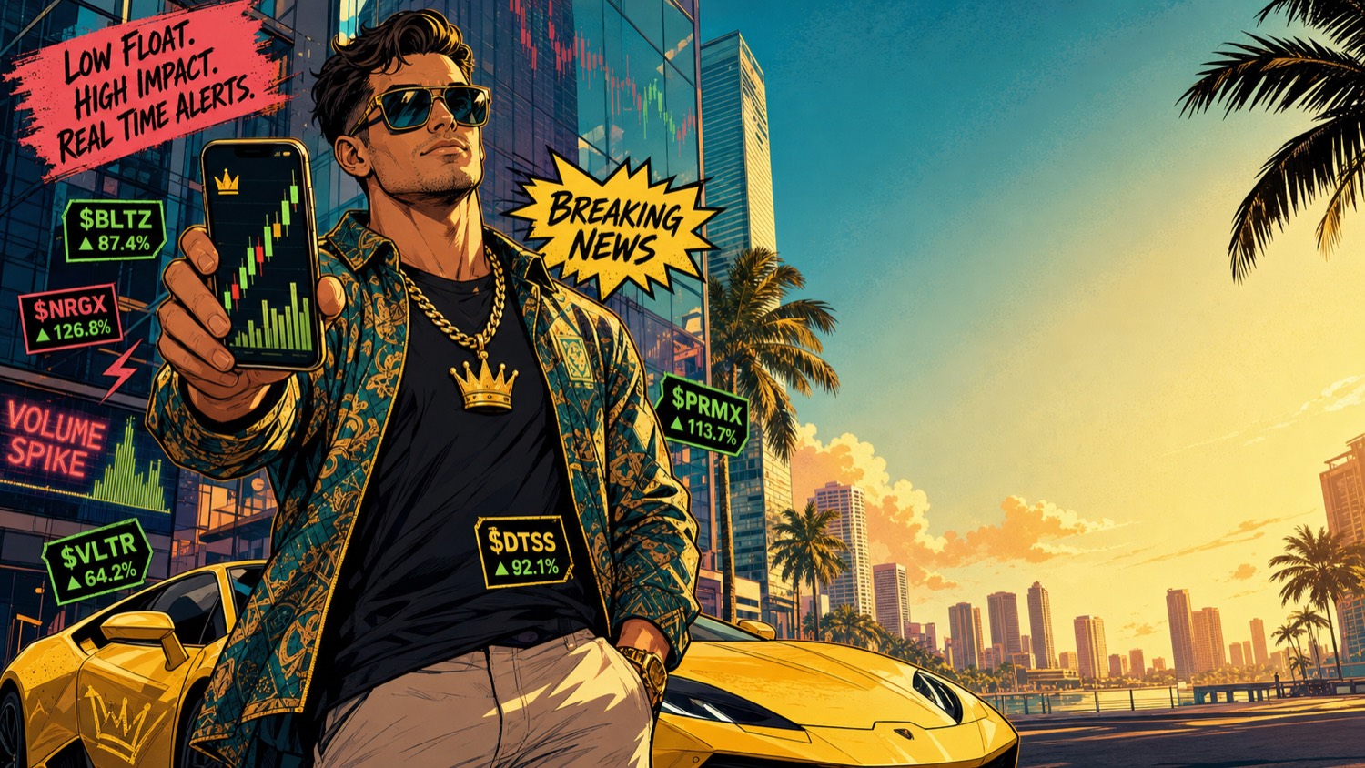 Comic-style market alert king in a neon city street